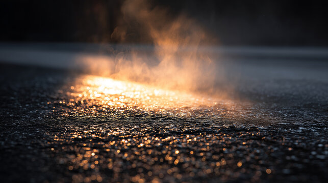 Steam rising from hot asphalt road glowing in evening light urban heat effect texture background