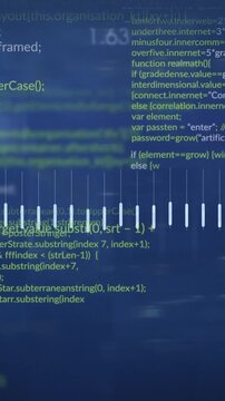 Vertical video: On audio input, equalizer and orange waveform tracing peaks, visualizing code