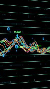 Vertical video: Data moving waves, shifting peaks, grouping glyphs, updating numbers showing trends