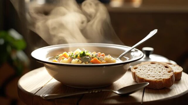 Steaming Bowls of Hot Soup with Fresh Bread on Wooden Table.