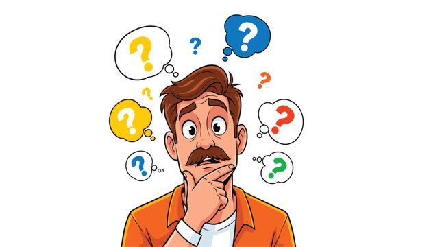 A cartoon man with a puzzled expression and multiple question marks floating above his head symbolizing confusion and inquiry