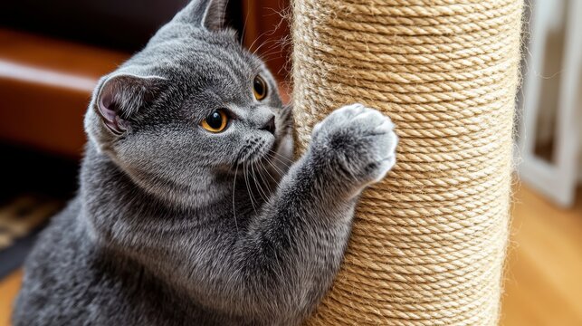 Young grey cat with oversized ears playing on scratching post