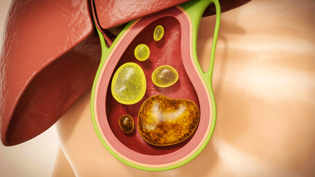 A detailed medical illustration depicting painful gallstones and calculus formation within the human gallbladder, a common medical condition impacting the digestive system