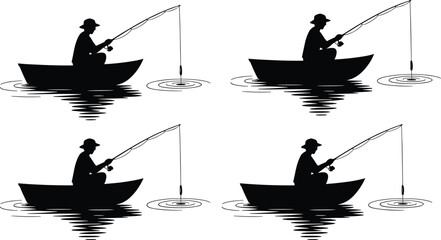 Fishing silhouette illustration featuring person in boat casting rod with bobber and water ripples, symbolizing leisure, sport, and nature, perfect for outdoor projects © ANWAR