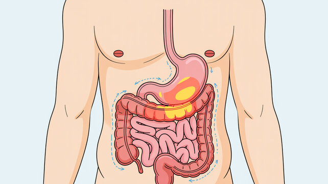 Anatomical diagram of the human digestive system, illustrating common gastrointestinal discomfort, stomach issues, and intestinal inflammation within the human body