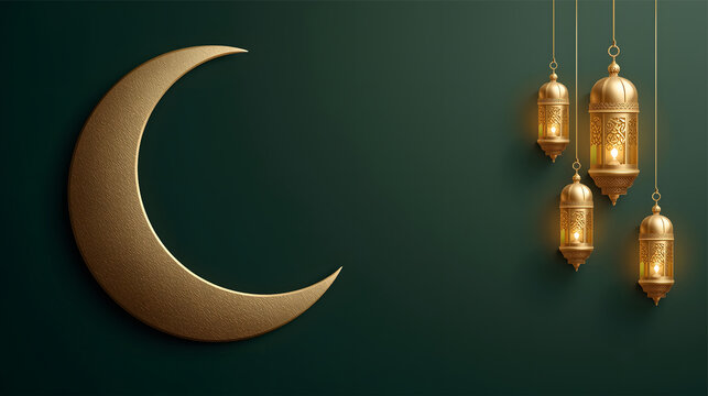 green Islamic background with golden half moon and lights