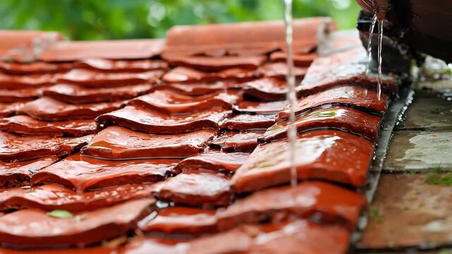 Wet terracotta roof tiles with water flow