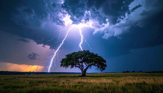 Dramatic lightning strikes illuminate a lone tree during a powerful thunderstorm over a vast grassy field.