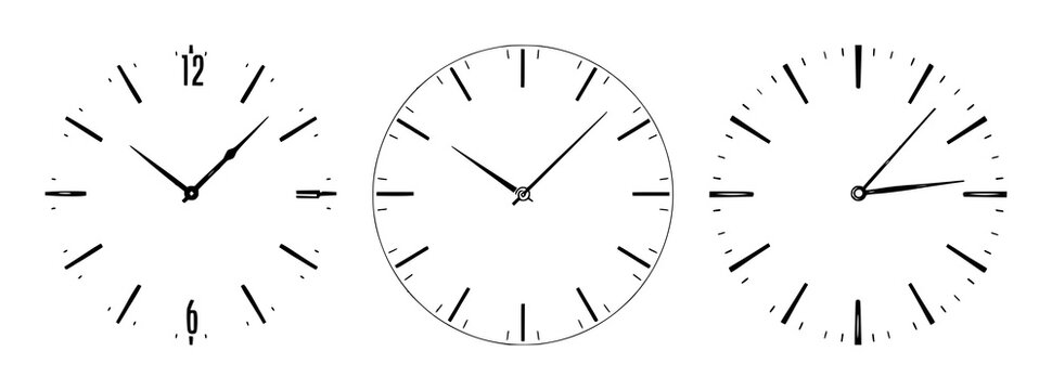 Clock face set with clean white background and vector clock hands featuring timepiece, gauge, horology with illustration and design