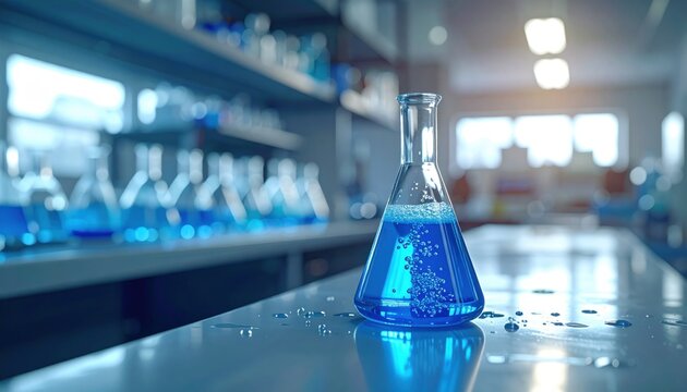 Glass beaker with blue liquid and bubbles on a laboratory countertop showcasing scientific research