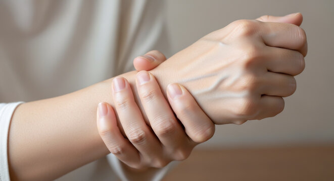手首の痛み：手首を押さえる女性（腱鞘炎・関節痛）