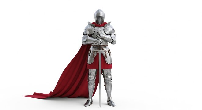 A 3d fantasy illustration of a red medieval knight in a suit of armor with a sword portrays a cartoon warrior woman soldier as a heroic person