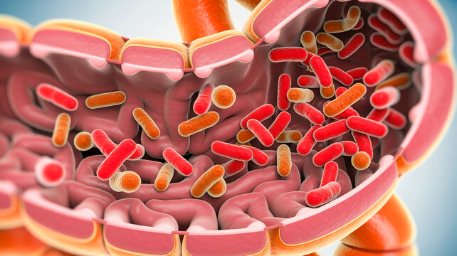 Microscopic view of the human gut microbiome diverse bacteria colonizing the intestinal lining, essential for digestion and health