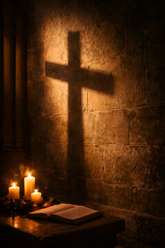 Cross Shadow on Church Wall with Candle Light &ndash; Good Friday Christian Background