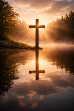 Christian Cross Reflection in Calm Lake at Sunrise &ndash; Spiritual Easter Background