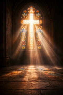 Sun Rays Through Cross Shaped Stained Glass Window &ndash; Christian Church Background