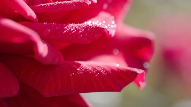 Macro close up red rose petals in focus.