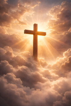 Heavenly Cross in Glowing Clouds with Divine Light &ndash; Easter Christian Background