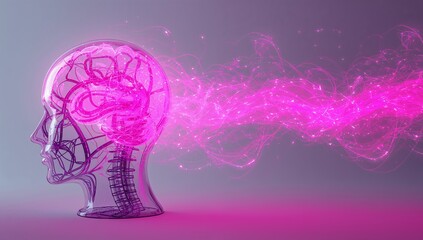 Obraz premium Showing glass head in studio with glowing brain loops, spine, magenta ribbon streaming, copy space