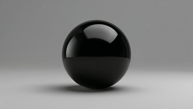 Displaying glossy black sphere reflecting rect light on gray studio tabletop, casting soft shadow
