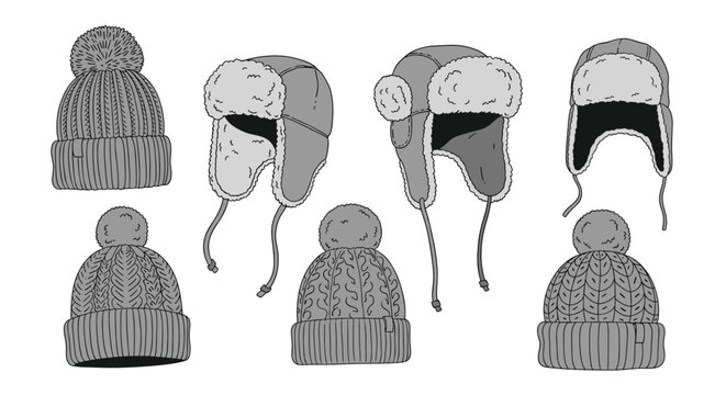 Set of various warm winter headwear including pom-pom beanies and fur-lined ushanka hats illustrated in a detailed grey scale style for fashion.
