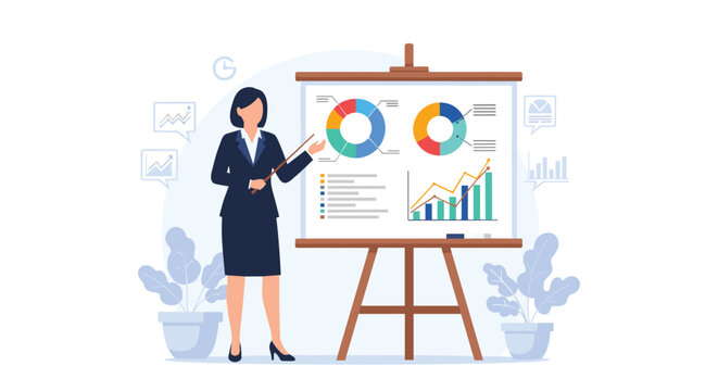 Professional businesswoman stands before a white board with various charts and graphs while giving a corporate presentation to colleagues.