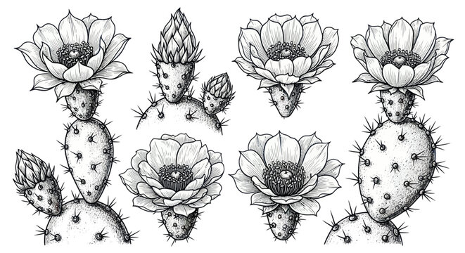 Prickly Pear Cactus Blossoms: Detailed Hand-Drawn Botanical Illustration