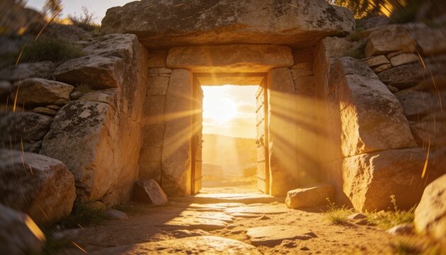 Framing ancient stone gateway with partially open wooden doors on rocky hillside, showing sunbeams