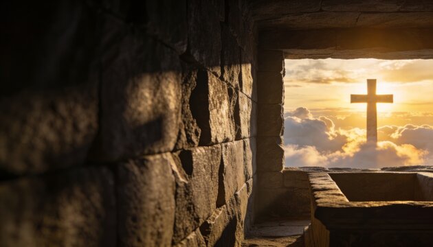 Framing silhouetted cross, stone chamber bathing altar and wall in golden light, copy space