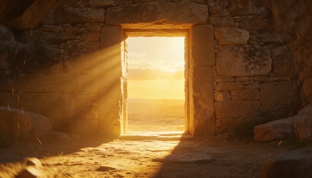 Framing centered rectangular stone doorway inside ruin, lintel casting warm sun rays through dust