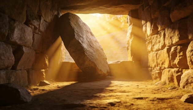 Blocking megalithic stone leaning against lintel inside chamber, showing sunbeams and dust