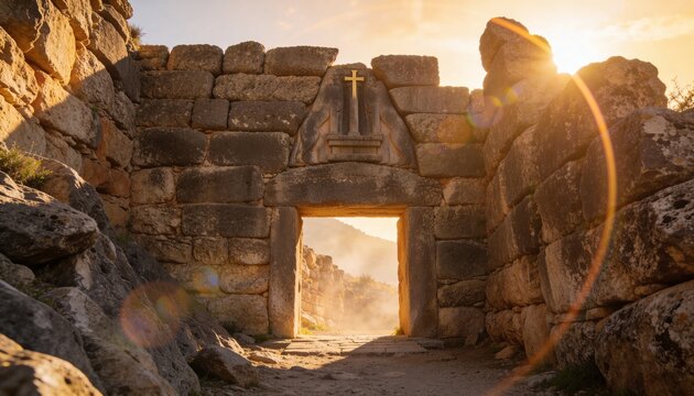 Framing stone gateway at rocky ridge showing triangular lintel dirt path boulders scrub lens flare