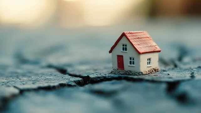 Fragile miniature house model perched on cracked ground, representing vulnerable residential structures during devastating seismic events and potential infrastructure collapse