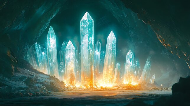Illuminated crystal formations emerging from the depths of a rocky cavern