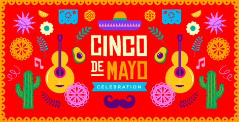 Naklejka na ściany i meble Cinco de Mayo Mexican holiday celebration background with hand-drawn decorative elements, symbols and icons