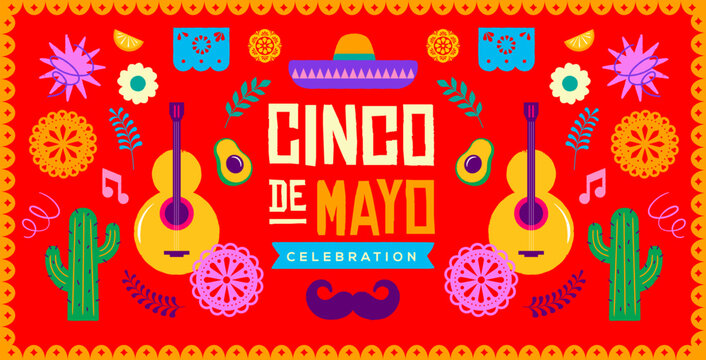 Cinco de Mayo Mexican holiday celebration background with hand-drawn decorative elements, symbols and icons