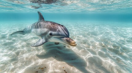 Naklejka premium Young dolphin swimming underwater with sunlight reflection