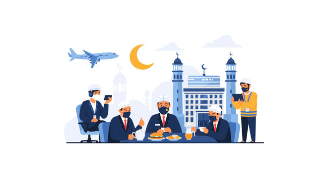 Ramadan celebration with businessmen breaking fast in front of mosque