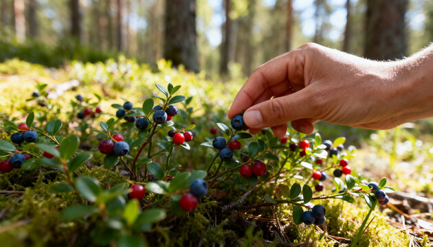 Reaching hand with bare forearm picking ripe dark blue berry on forest floor with red berries