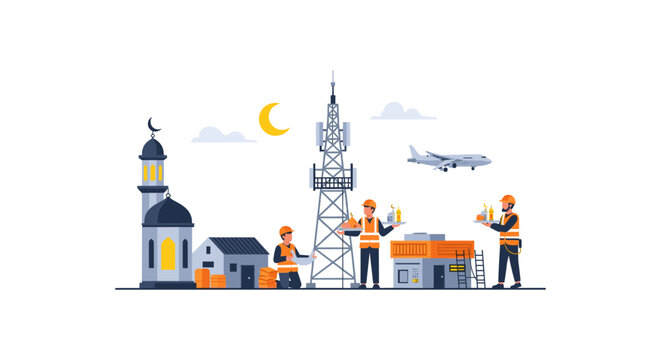illustration of workers building cell tower near mosque