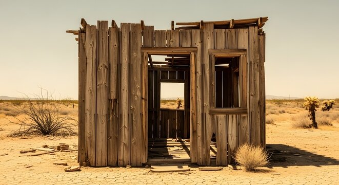 Abandoned Wooden Shack in Desert Landscape
