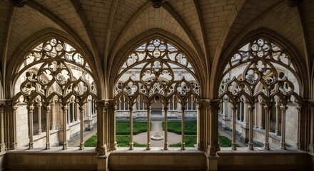 Obraz premium Architectural Detail of Gothic Cloister with Arched Windows