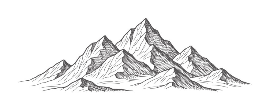 Hand drawn of jagged mountain peaks with textured shading mountains nature landscape