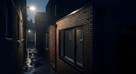 Fototapeta premium Dark Alleyway at Night with Brick Buildings and Streetlights
