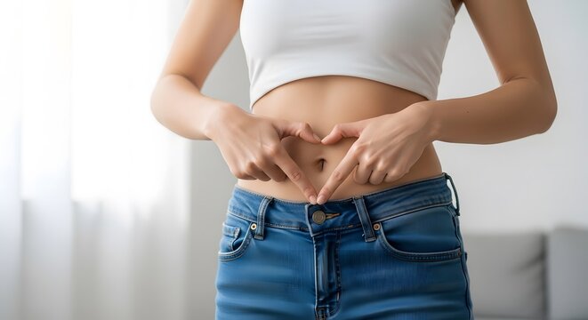 Close-up of a woman's flat stomach featuring a trendy belly piercing and hands in a heart gesture. Wellness and youth lifestyle photography