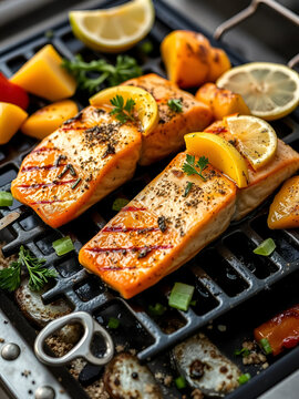 fotografia con detalle de trozos de salmon a la parrilla con trozos de mango y verduras