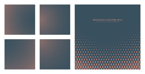 Fototapeta premium Vector boho scale halftone pattern set in square 1:1 format with ornamental grid, gradient density and frame layouts. Decorative abstract textures for textiles, fashion, interior decor, modern design