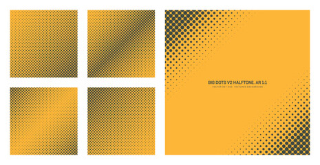 Naklejka premium Vector bold halftone dots pattern set in square 1:1 format with large scale dots, gradient density and diagonal layouts. High contrast abstract backgrounds for posters, branding, UI and modern design