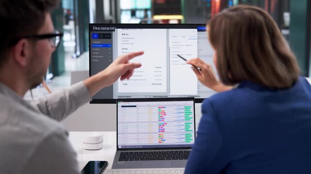 Young Consultant Uses Multiple Screens Managing Documents