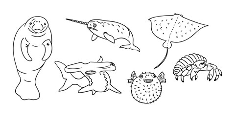 Illustration of various marine animals including a manatee, narwhal, hammerhead shark, stingray, pufferfish, and crab in a simple black and white design © Olena